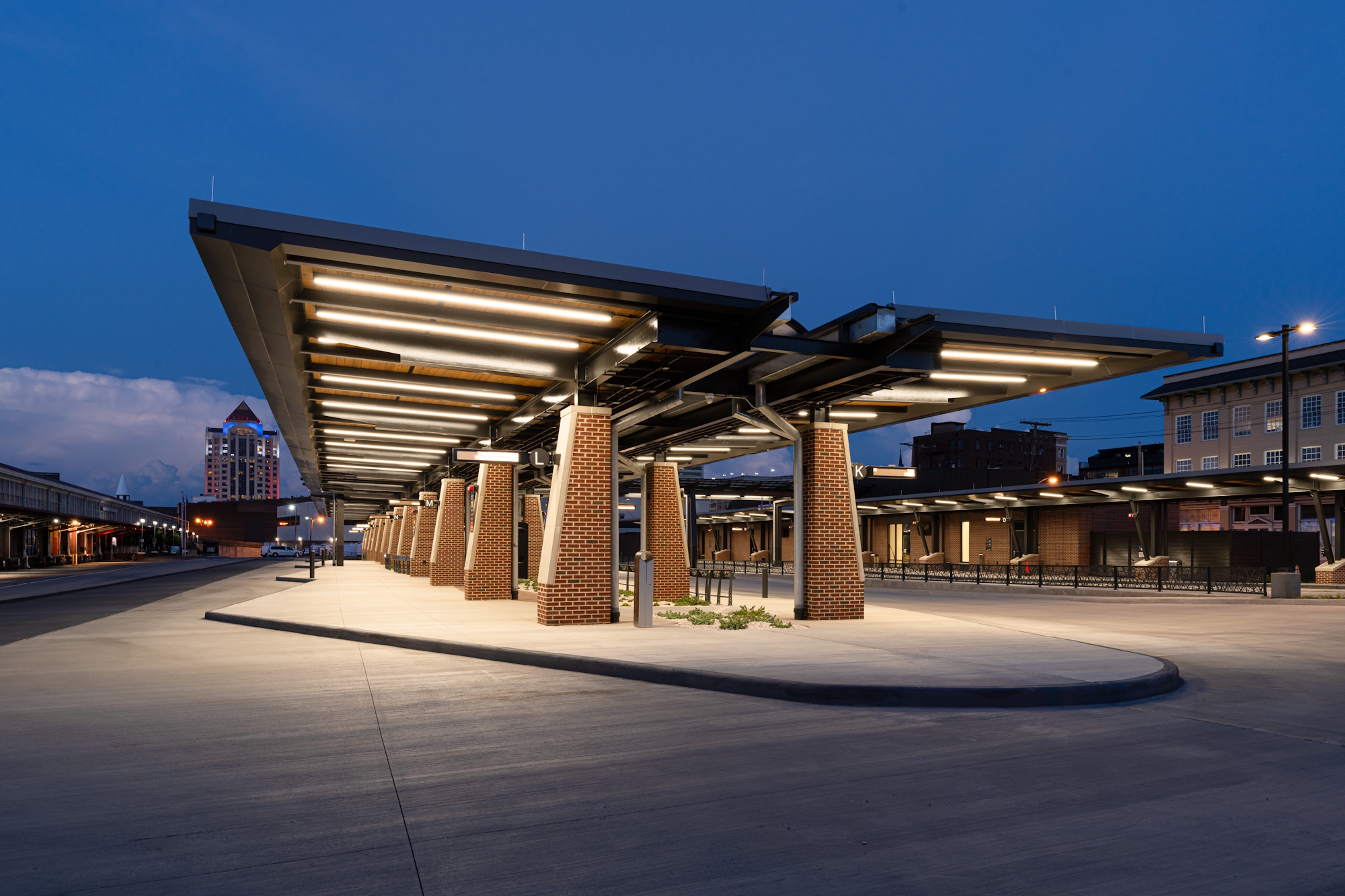 The new bus terminal on Third Street at dusk.